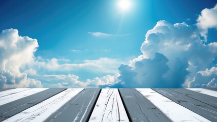 Wall Mural - wooden table with blue sky and clouds for product display background showcasing natural light and se