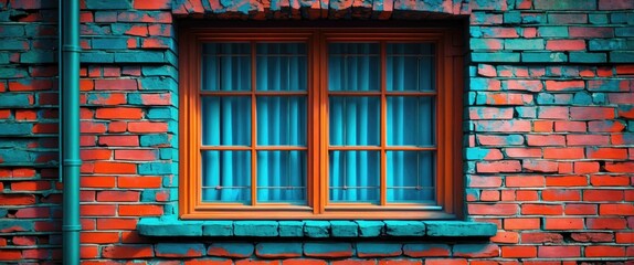 Canvas Print - vibrant brick wall with colorful window lattice and curtains showcasing unique architectural detail 