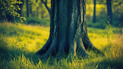 Wall Mural - enchanting tree trunk among lush green grass in sunlit forest setting