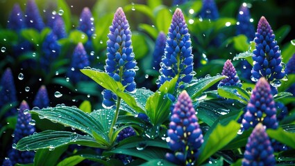 Wall Mural - Vivid lupine flowers adorned with glistening water drops on lush green leaves creating a serene garden scene