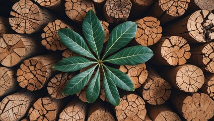 Wall Mural - cork tree leaf arrangement on stacked logs showcasing nature's contrast between vibrant green foliag