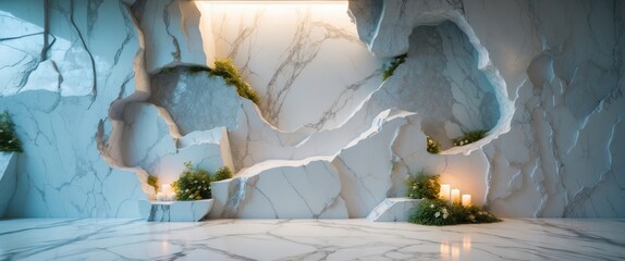 Wall Mural - elegant white marble wall design with integrated candles and greenery for luxurious interior decorat