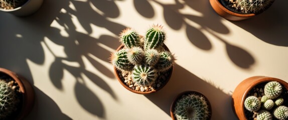 Wall Mural - Cacti Arrangement on Table with Intricate Shadows from Leaves and Surrounding Pots in Natural Light