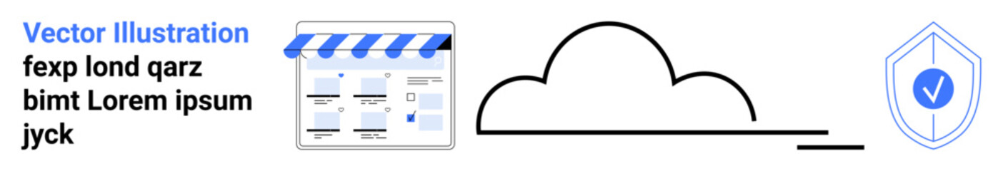 Interface of an online store, cloud storage connection, and a security shield. Ideal for e-commerce, cloud computing, data protection, online security, web development, digital marketing user