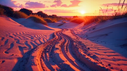 Wall Mural - sunset over sandy dunes with tire tracks creating patterns in vibrant colors of orange and purple du