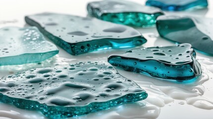 Wall Mural - polished glass pieces with water droplets reflecting light against a white background showcasing nat