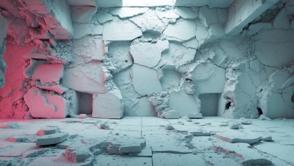 Canvas Print - abstract cracked white cement wall background with textured surfaces and scattered debris in a well-