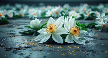 Wall Mural - white flowers delicately placed on a textured dark cement floor creating a serene and tranquil flora