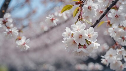 Wall Mural - white cherry blossoms in bloom with soft focus background and space for text overlay