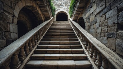 Wall Mural - marble staircase leading to dark tunnel, surrounded by ancient stone arches, evoking a sense of myst