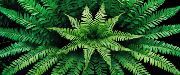 Wall Mural - Vibrant top view of lush green fern leaves against a contrasting dark background showcasing botanical beauty and natural design elements