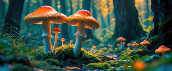 Wall Mural - enchanting forest scene with vibrant orange mushrooms surrounded by lush greenery and soft sunlight 