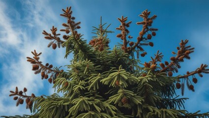 Wall Mural - coniferous tree with cones against a clear blue sky showcasing natural beauty and vibrant greenery i