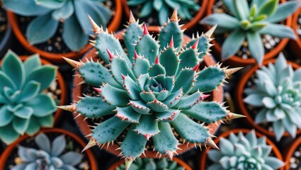 Wall Mural - Top View of Spiky Succulent Plant Surrounded by Greenery in Botanical Garden Featuring Empty Space for Custom Text or Overlay