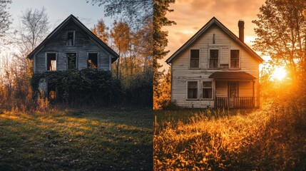 Aufkleber - Contrast of an abandoned house overrun by nature and a cozy restored cottage in warm sunset light. Generative AI