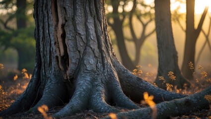 Wall Mural - Majestic tree trunk with rough texture illuminated by morning light creating a serene natural atmosphere in the background.