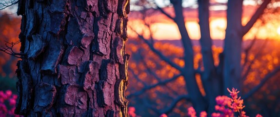 Wall Mural - Tree bark texture illuminated by a vibrant sunset with blurred background of trees and blooming flowers creating a serene landscape scene