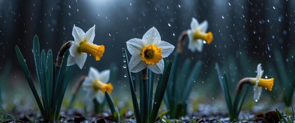 Wall Mural - Delicate Daffodils Glimmering with Raindrops in a Dark Forest Setting Featuring Copy Space for Text Usage and Spring Vibes