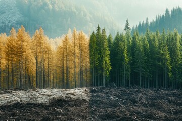 Poster - Deforestation versus conservation highlighted in contrasting forest landscapes. Generative AI