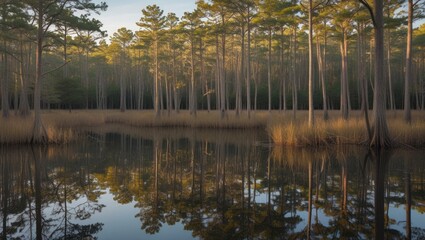Wall Mural - serene landscape of cypress trees reflecting in calm swamp waters during sunset with lush greenery a