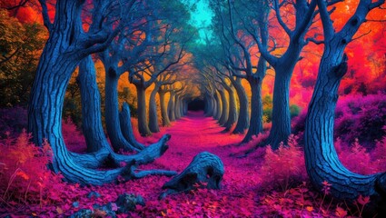 Wall Mural - Vibrant fantasy forest with colorful trees and surreal foliage creating a captivating abstract landscape for backgrounds and wallpapers