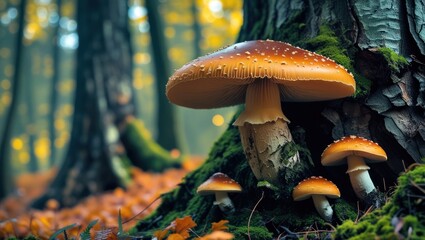 Wall Mural - mushroom cluster growing on tree trunk in autumn forest showcasing vibrant colors and intricate text