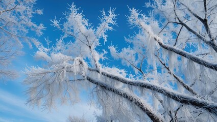 Wall Mural - Frost-covered tree branches against a clear blue sky showcasing winter's beauty in a serene and picturesque landscape.