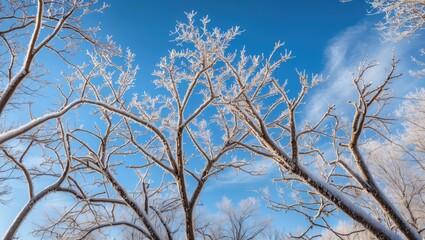 Wall Mural - Frost-covered tree branches against a clear blue sky showcasing the beauty of winter nature and seasonal changes.