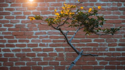 Wall Mural - Tree branch with vibrant leaves against a warm brown brick wall illuminated by natural sunset light creating a serene atmosphere.