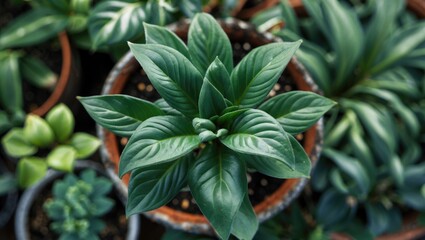 Wall Mural - Lush green plant leaves top view showcasing intricate textures and vibrant colors in a cultivated garden setting.