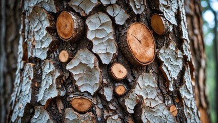 Wall Mural - detailed texture of tree bark showcasing unique patterns and cut wood sections, ideal for nature and