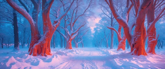 Wall Mural - Captivating winter landscape with snow-covered trees creating vibrant, abstract textures under a serene blue and pink sky.