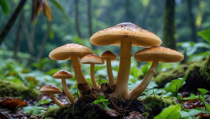 Wall Mural - wild mushrooms growing in lush indonesian forest under natural light
