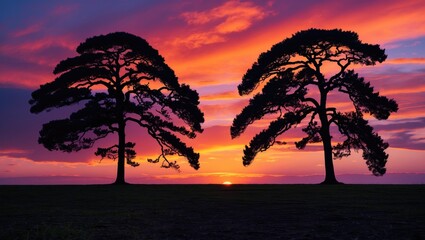 Wall Mural - Silhouetted trees against a vibrant sunset sky showcasing beautiful colors and dramatic clouds, perfect for nature and landscape themes.