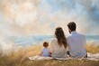 © Sean Hoong - A peaceful moment of a young couple sitting on a blanket with their child between them, gazing at the ocean horizon.