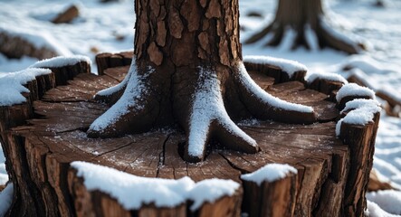 Wall Mural - Dark brown tree stump close-up with snow covering the edges showcasing intricate textures in a winter wonderland setting