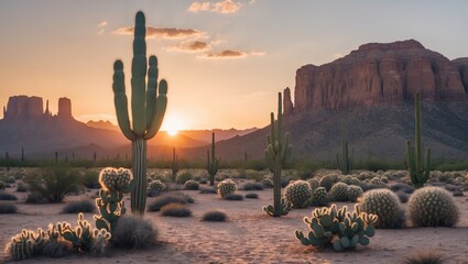 Wall Mural - Desert Landscape at Sunset with Cacti and Mountain Silhouettes under a Colorful Sky