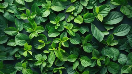 Wall Mural - Lush green leaves arranged in a vibrant top view creating a serene nature background for eco-friendly projects or designs.