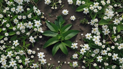 Wall Mural - Aerial view of lush ground adorned with delicate white flowers surrounded by vibrant green leaves during the summer season.