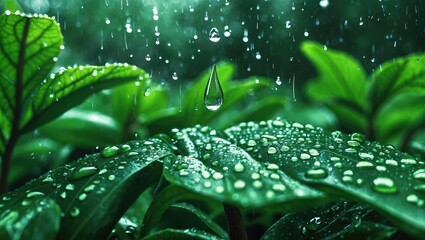 Wall Mural - refreshing rain droplets on vibrant green leaves showcasing the beauty and vitality of nature after 