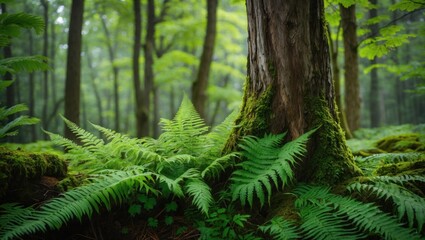 Wall Mural - lush green ferns growing at the base of a moss-covered tree in a tranquil forest setting. ideal for 