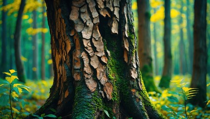 Wall Mural - majestic tree trunk with intricate bark and lush green foliage in a serene forest setting, showcasin