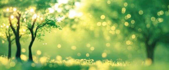 Wall Mural - peaceful bokeh nature background with vibrant green trees and sunlight creating a serene atmosphere 
