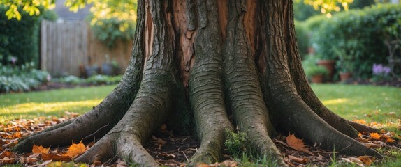 Wall Mural - majestic tree trunk with intricate roots in a serene garden setting featuring ample space for text o