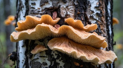 Wall Mural - close-up of tinder fungus on birch trunk showcasing rough textured layers and vibrant colors, known 