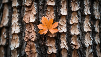 Wall Mural - autumn leaf on textured tree bark creating a natural background for design and nature-themed project