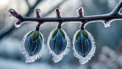 Wall Mural - Three frozen buds on a branch encased in ice symbolize life paused in winter's cold stillness showcasing nature's beauty and resilience.