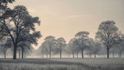 Wall Mural - Mist-covered trees on the horizon creating a serene landscape under soft light at dawn highlighting nature's tranquility and beauty.