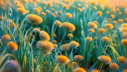 Wall Mural - Golden Blossoms in Lush Green Field Capturing the Beauty of Nature's Spring Awakening with Vibrant Timothies and Soft Light