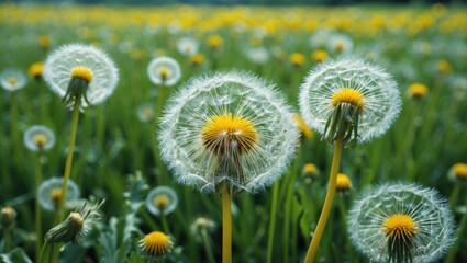 Wall Mural - Dandelion Seeds in Full Bloom Surrounded by Lush Green Meadow Displaying Vibrant Nature and Seasonal Beauty